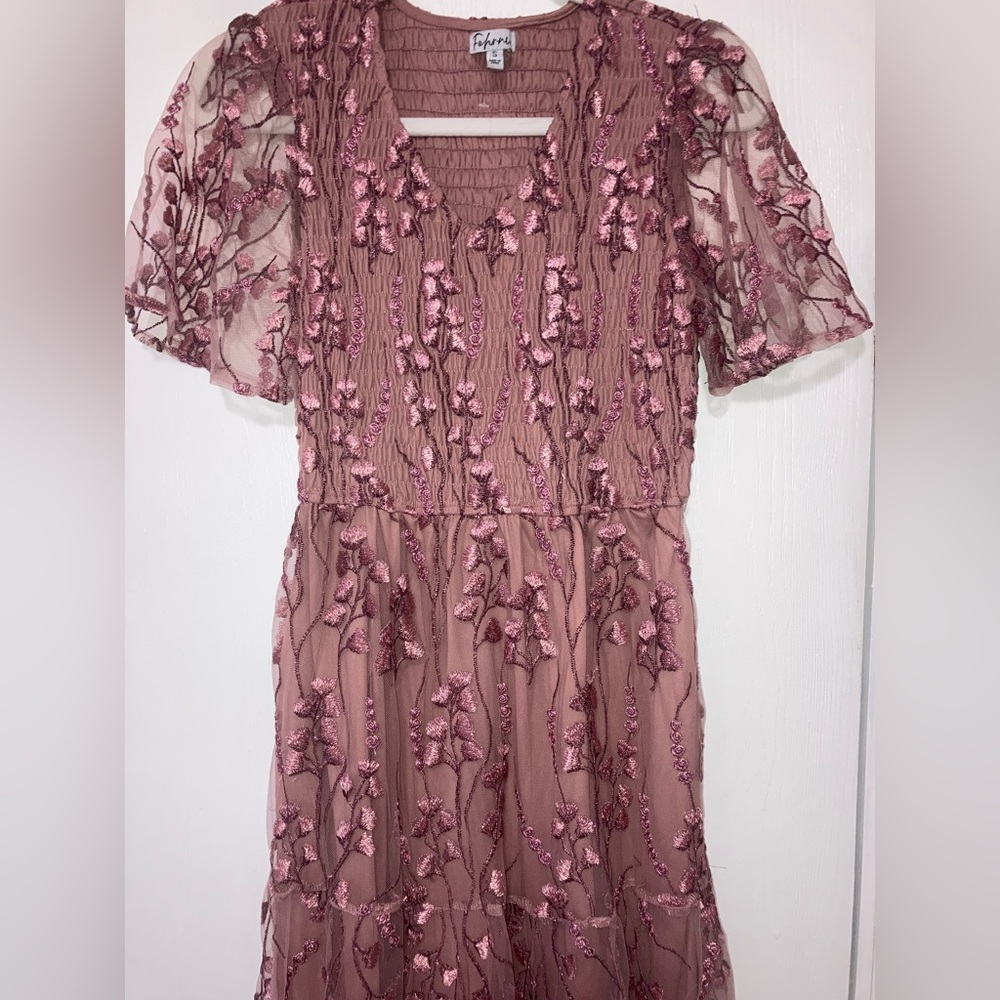 Embroidered Mauve Pink Flutter Sleeve Dress